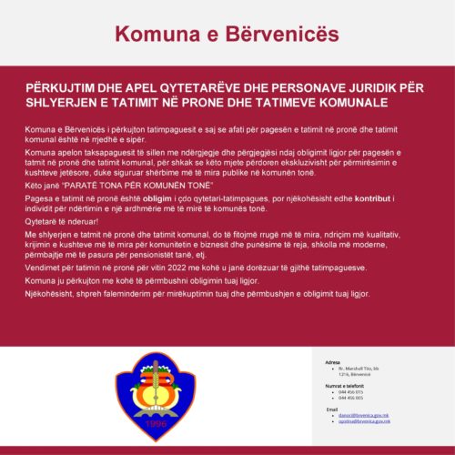 PËRKUJTIM DHE APEL QYTETARËVE DHE PERSONAVE JURIDIK PËR SHLYERJEN E TATIMIT NË PRONE DHE TATIMEVE KOMUNALE